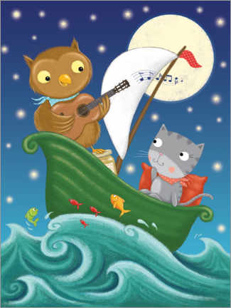 Poster Süße Bootsfahrt von Eule und Katze
