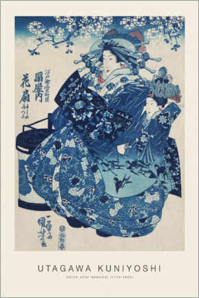 Leinwandbild  Ogiya uchi Hanaogi (Portrait of Geisha in Blue Kimono) - Utagawa Kuniyoshi