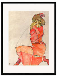 Gerahmter Kunstdruck  Kniendes Mädchen in orange-rotem Kleid - Egon Schiele