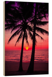 Holzbild  Palmen und tropischer Sonnenuntergang