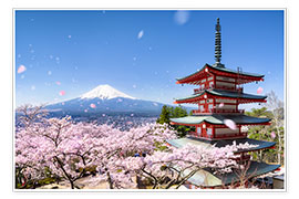 Poster Chureito Pagode und Berg Fuji im Frühling, Fujiyoshida, Japan