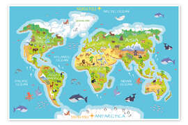 Poster Weltkarte mit Tieren - Englisch