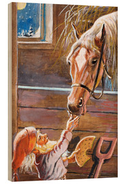 Holzbild  Wichtel füttert das Pferd im Stall - Jenny Nyström